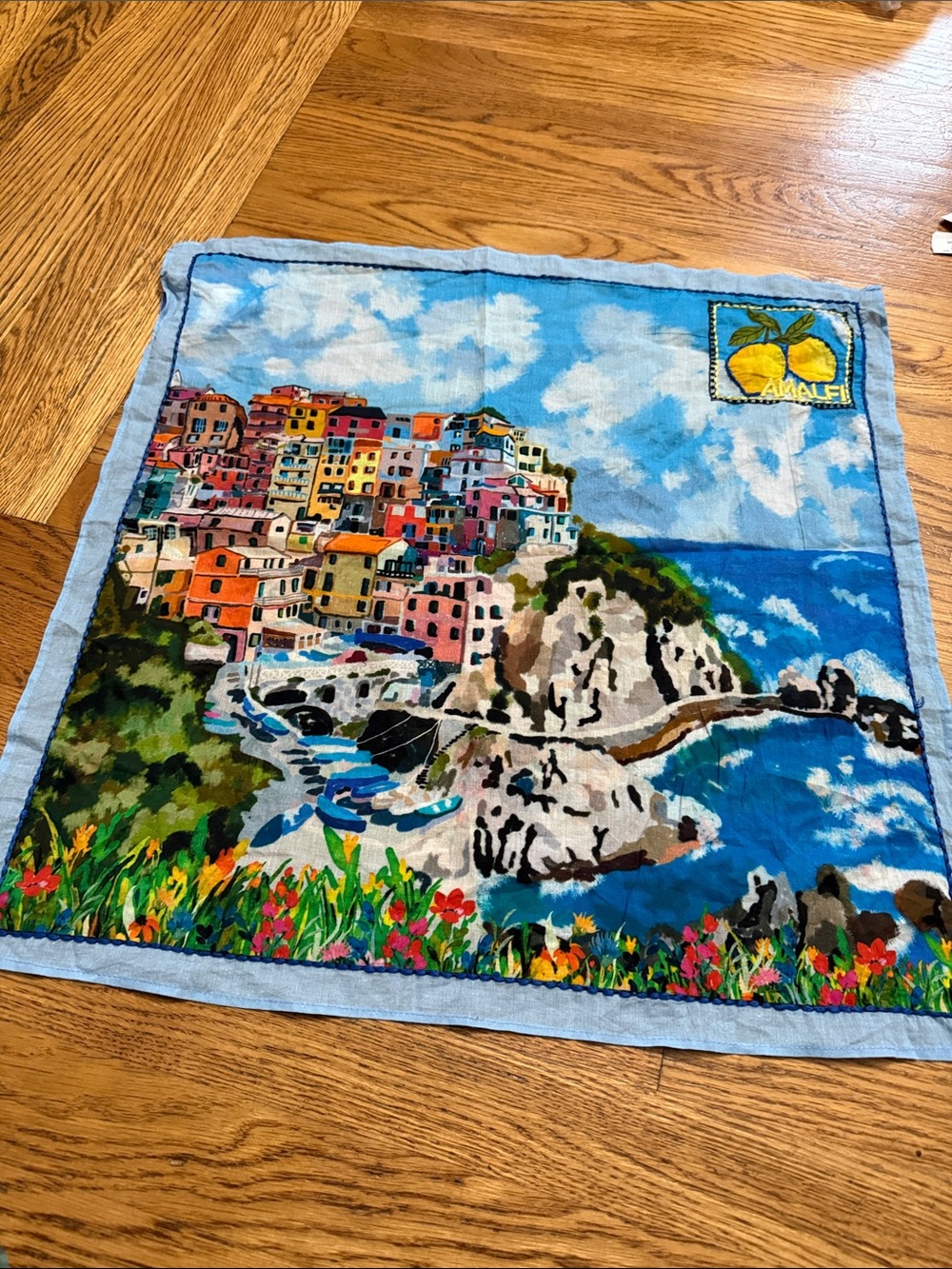 Calypso St. Barth Amalfi Coastal Print Cotton Scarf in Blue, Yellow, Green nwot